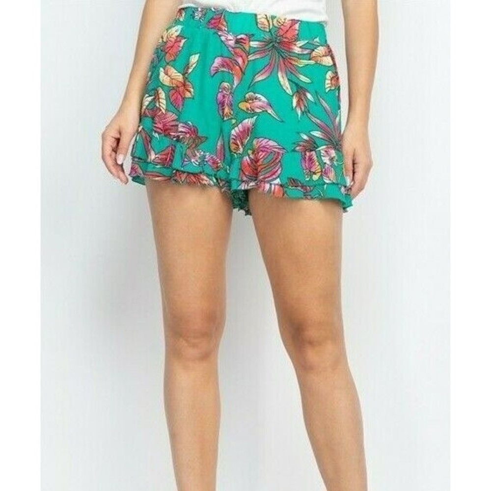 Small Shorts by Chocolate Green Tropical Leaf Print Ruffled Women's